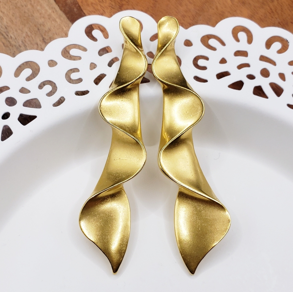 Long Gold Wavy Ribbon Post Earrings 2.75"